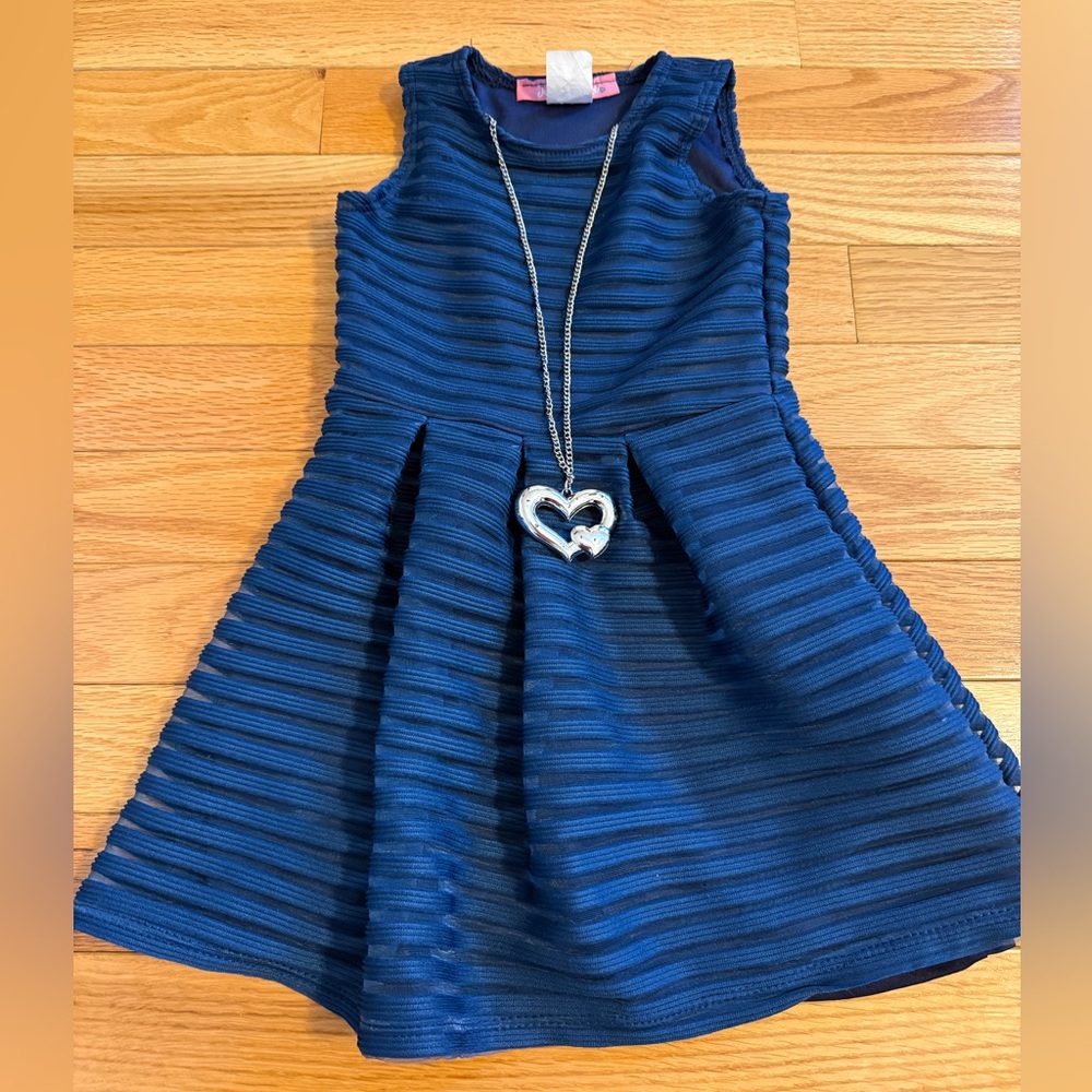 Elegant Navy Blue Kids Dress with heart Necklace